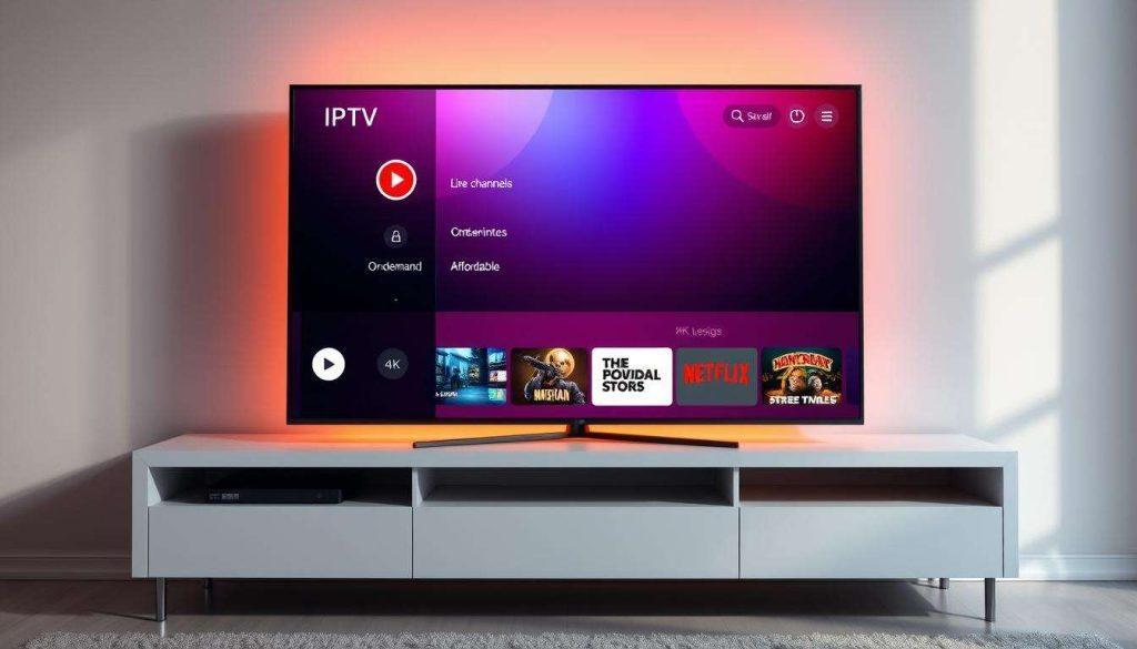 A modern and minimalist 4K smart TV display, showcasing a sleek and high-quality IPTV interface. The screen prominently features a clean, user-friendly layout with easy-to-navigate menu options for live TV channels, on-demand content, and affordable subscription plans. The scene is illuminated by a warm, natural lighting, creating a cozy and inviting atmosphere. The TV is placed on a minimalist, floating entertainment unit, allowing the focus to remain on the vibrant, 4K display and the crisp, detailed imagery. The overall composition conveys a sense of accessibility, affordability, and high-end technology, perfectly capturing the essence of "Top Affordable 4K Live IPTV Providers".