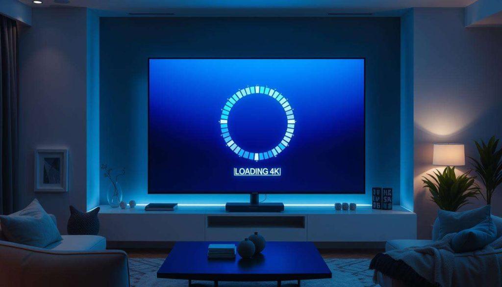 A modern living room setting with a large 4K television screen displaying a loading spinner or buffering icon, indicating an IPTV channel loading problem. The room is dimly lit, with soft ambient lighting creating a cozy atmosphere. The television is the focal point, surrounded by minimalist furniture and decor. The scene conveys a sense of frustration and disruption to the viewer's entertainment experience. Technical details like camera angle, depth of field, and camera lens properties are optimized to highlight the loading issue on the TV screen.