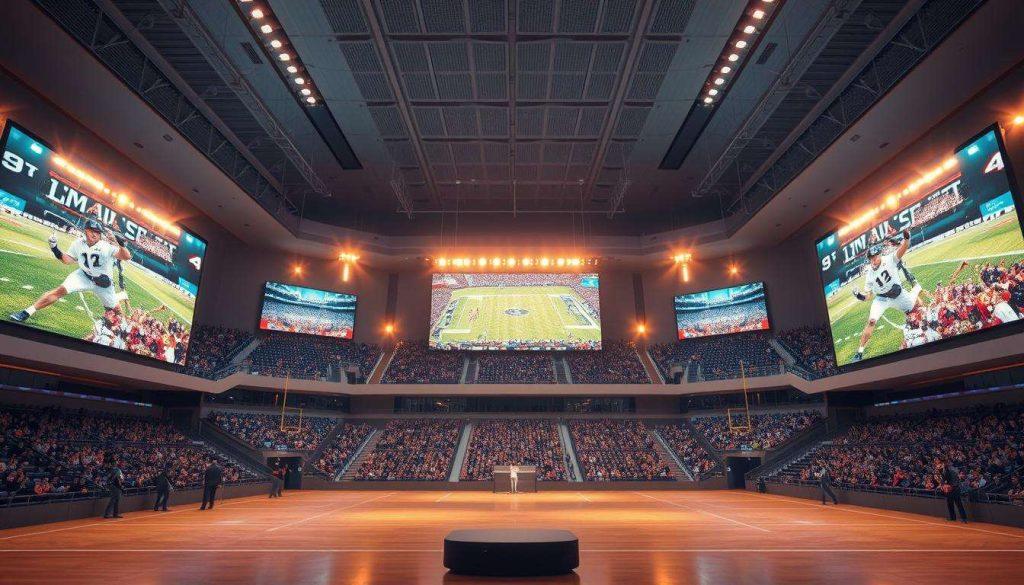A serene, high-definition sports arena with vibrant 4K displays showcasing live sports action. Crisp, detailed imagery fills the large screens, immersing viewers in the heart of the game. Warm, ambient lighting casts a soft glow, creating a captivating atmosphere. The scene conveys the excitement and clarity of 4K sports streaming, highlighting the benefits of this premium viewing experience. Sleek, modern architecture and clean lines frame the dynamic visuals, emphasizing the technological advancement. This image captures the essence of the &quot;Benefits of Streaming Sports in 4K&quot; section, inviting the reader to envision the superior quality and engagement of 4K sports channels.