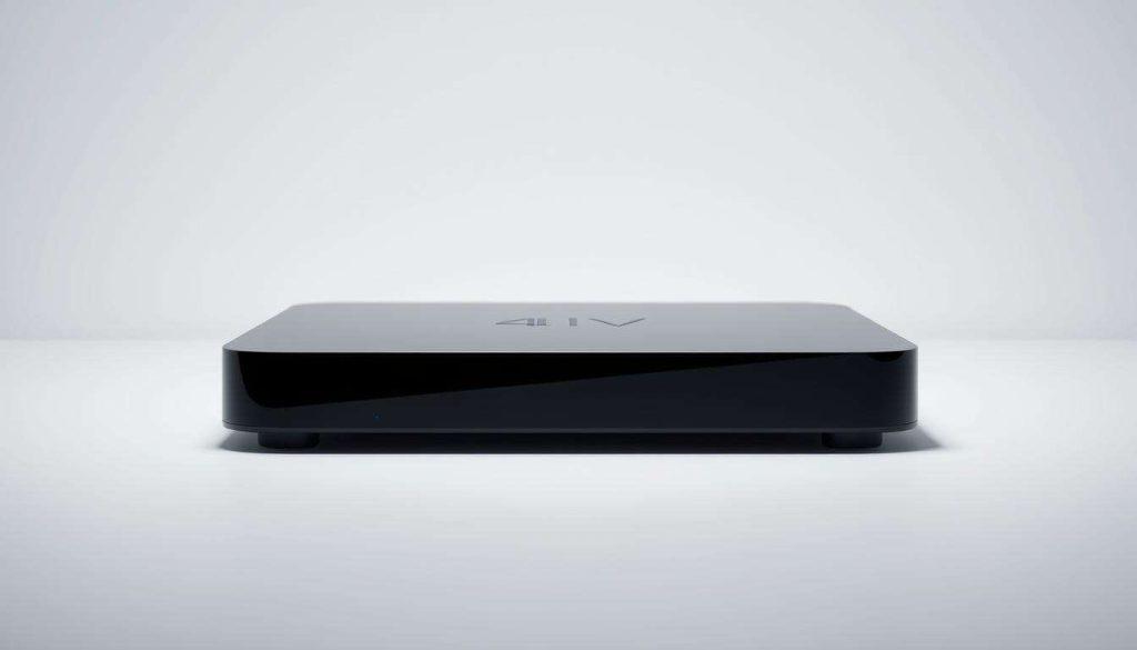 A sleek and modern 4K IPTV device showcased on a minimalist white background. The device features a clean, uncluttered design with smooth edges and a glossy black finish. Soft lighting from above casts subtle shadows, highlighting the device's premium look and feel. The background is evenly lit, creating a sense of depth and emphasizing the IPTV device as the focal point. The image conveys a sense of high-quality, value-driven technology that would be suitable for illustrating a section on key features to look for in IPTV services.