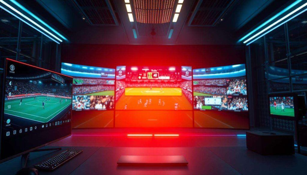 A vibrant 4K live IPTV display showcasing a wide array of sports channels. A sleek, futuristic interface dominates the foreground, with crisp icons and intuitive controls. In the middle ground, a seamless split-screen presents multiple live sports events unfolding simultaneously, each offering a high-definition, immersive viewing experience. The background subtly fades into a technologically advanced setting, hinting at the cutting-edge infrastructure powering this exceptional IPTV service. Soft, directional lighting accentuates the clean, modern aesthetic, creating a visually striking and aspirational scene that embodies the pinnacle of 4K live sports entertainment.