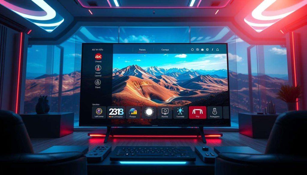 A vibrant and futuristic 4K live IPTV interface, showcasing a sleek, minimalist design with a focus on high-quality video playback. The screen displays a stunning 4K landscape, with crisp, detailed imagery and vivid colors. In the foreground, intuitive controls and a user-friendly menu system allow easy navigation through a vast selection of live channels and on-demand content. The middle ground features elegant icons and visualizations, highlighting the key features such as multi-screen support, DVR capabilities, and seamless integration with smart home devices. The background is framed by a modern, high-tech environment, with hints of futuristic architecture and glowing accents, conveying a sense of cutting-edge technology and immersive entertainment.