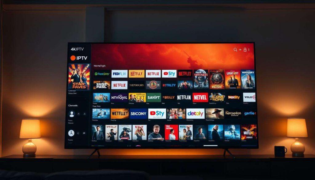 Cinematic 4K IPTV channel lineup displayed on a widescreen television against a dimly lit living room backdrop. The TV screen showcases a diverse selection of movie genre icons, streaming service logos, and high-quality video thumbnails, creating an immersive visual experience for the viewer. The room is softly illuminated, with warm lighting casting a cozy ambiance, hinting at the perfect setting for an evening of movie enjoyment. The overall composition conveys a sense of anticipation and excitement for the wealth of 4K content available through the IPTV service.